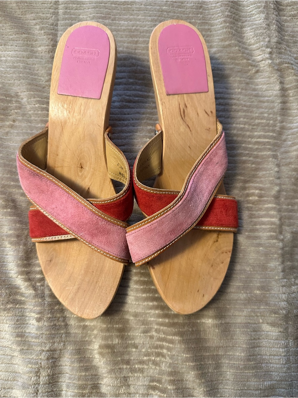 Coach Pink and Red Suede Crisscross Wood-Effect Mules